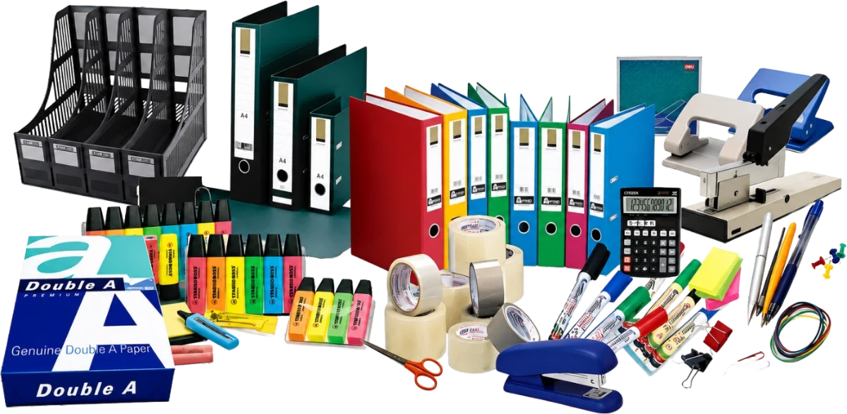 Office supplies including paper, files, stationery and staplers