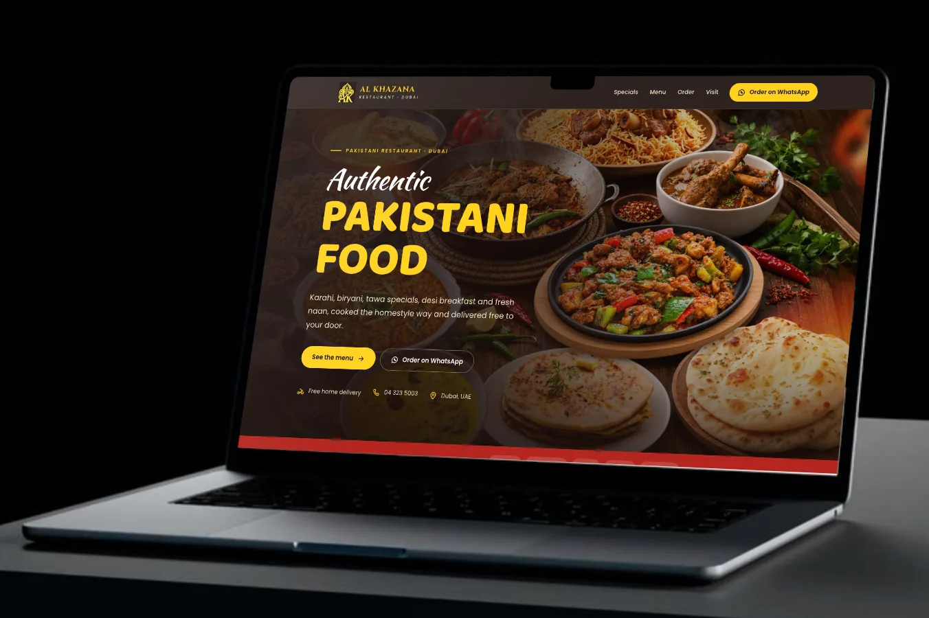 Al Khazana Restaurant website shown on a laptop