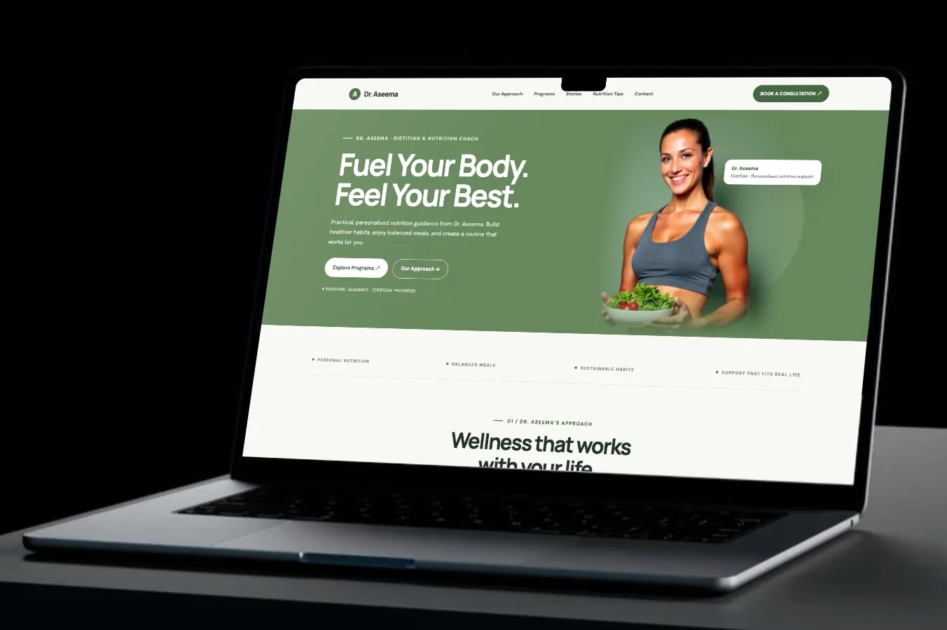 Dr. Aseema Nutrition demo website shown on a laptop